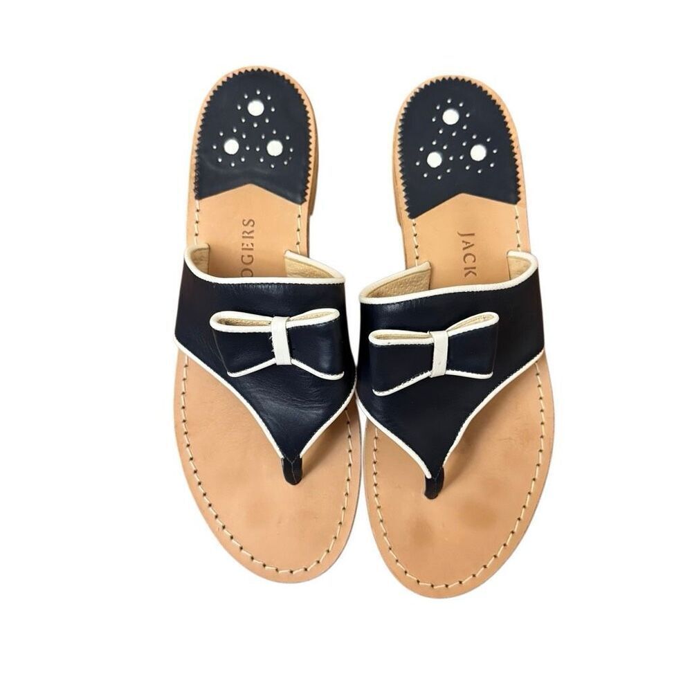 Jack Rogers Giselle Bow Thong Sandals Navy Blue & White Leather Size 10 - Picture 5 of 5